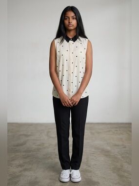 Ann Taylor Polka Dot Sleeveless Blouse Black Collar Size